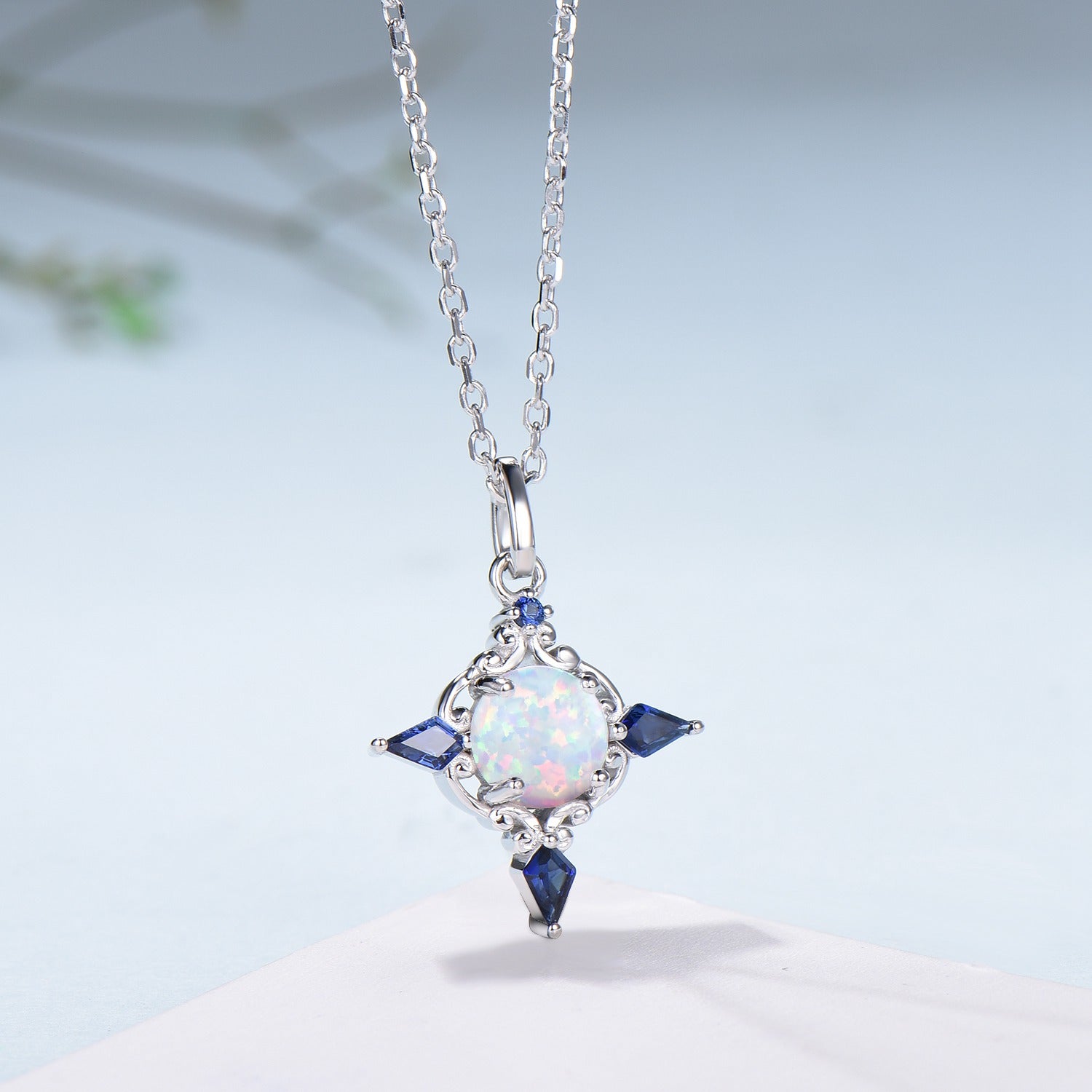 Celtic Knot Opal Pendant Necklace, 14K Rose Gold, Sapphire Accents - PENFINE