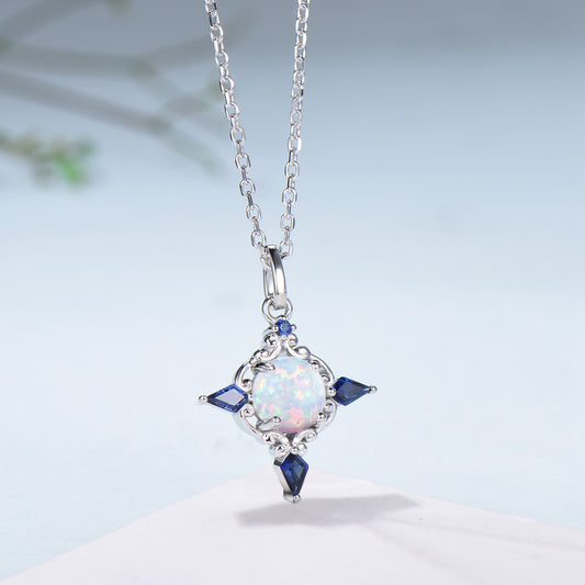 Celtic Knot Opal Pendant Necklace, 14K Rose Gold, Sapphire Accents - PENFINE