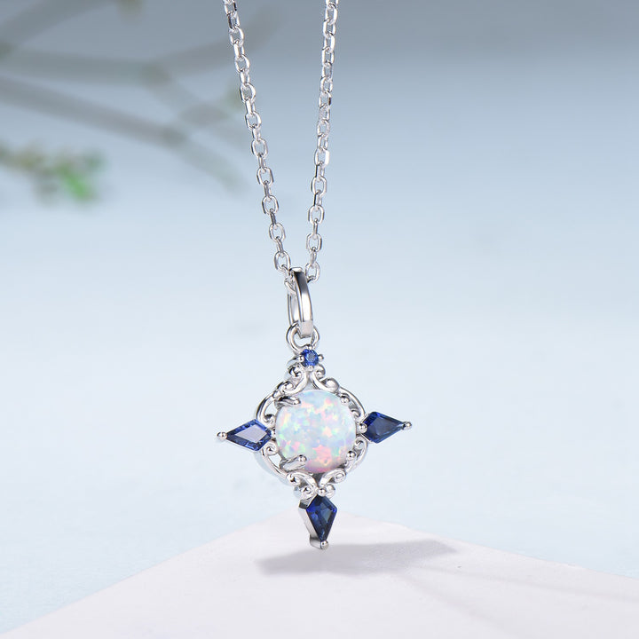 Celtic Knot Opal Pendant Necklace, 14K Rose Gold, Sapphire Accents - PENFINE