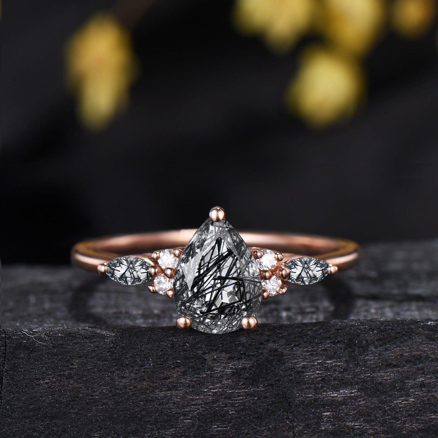 Vintage 1.25CT Pear Shaped Natural Black Rutilated Quartz Bridal Ring Set