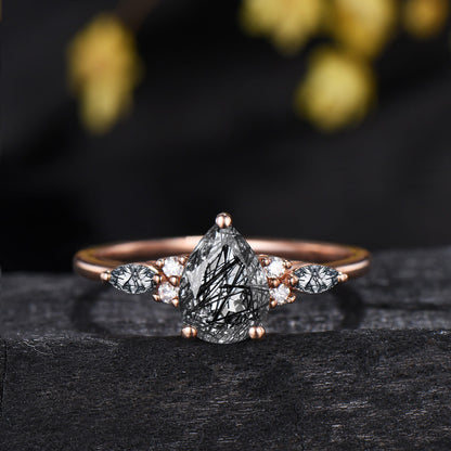 Vintage 1.25CT Pear Shaped Natural Black Rutilated Quartz Bridal Ring Set