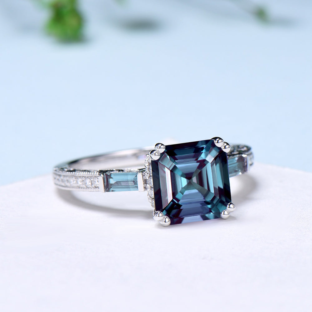 Unique asscher cut alexandrite engagement ring, hidden halo basket setting, 3 stone baguette color change June birthstone anniversary ring - PENFINE