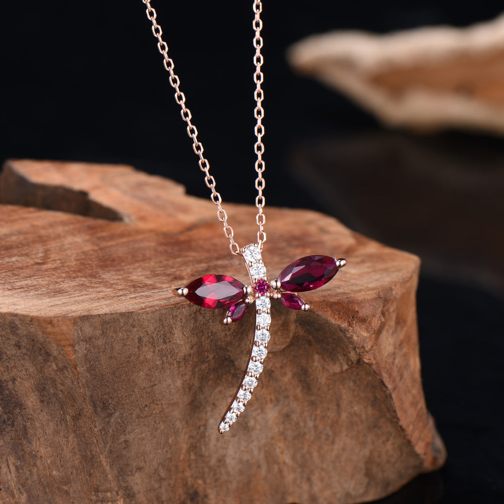 Vintage dragonfly necklace Unique lab red ruby necklace pendant cute silver 14k rose gold July birthstone pendant handmade proposal gifts - PENFINE