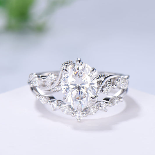 Retro 2Ct 7x9mm Oval Moissanite engagement ring set nature inspired rose gold Leaf Vine wedding ring set Handmade Proposal Gifts for Women