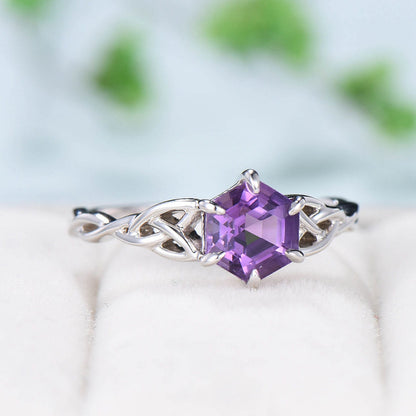 Celtic Love Knot Amethyst Engagement Ring Art Deco Unique Twisted Wedding Ring For Women Delicate Purple Stone  White Gold Promise Ring Gift - PENFINE