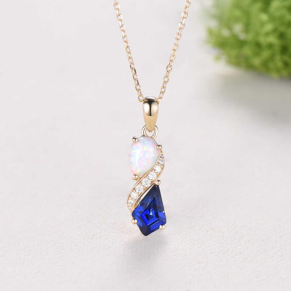 Unique Opal Sapphire Necklace Pendant Women Alternative Moissanite Pear Shaped Opal & Kite Blue Sapphire