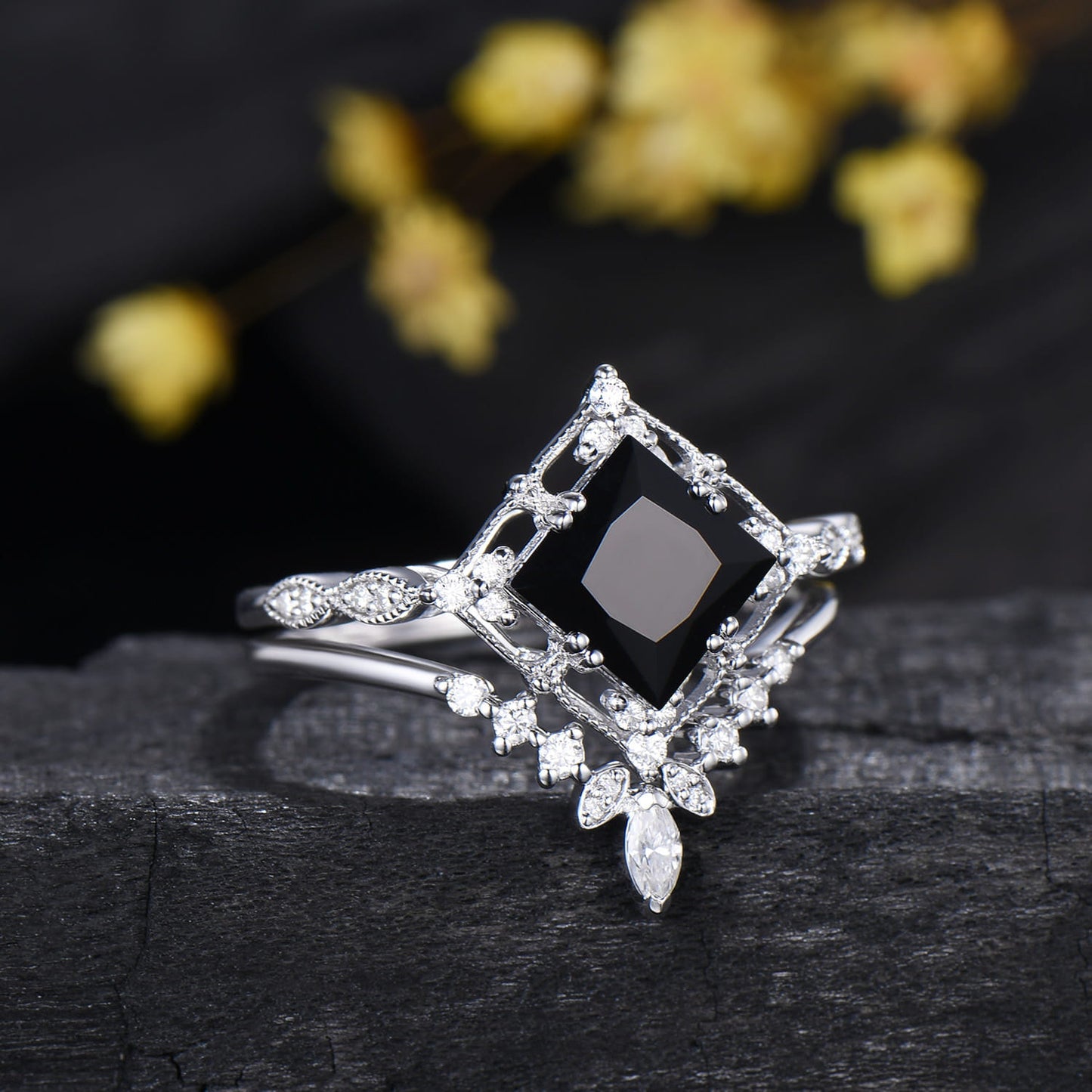 2CT Art deco princess cut black onyx engagement ring set