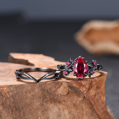 Nature Inspired Leaf ruby ring set black gold branch twig lab ruby engagement ring women unique July birthstone wedding ring set for women