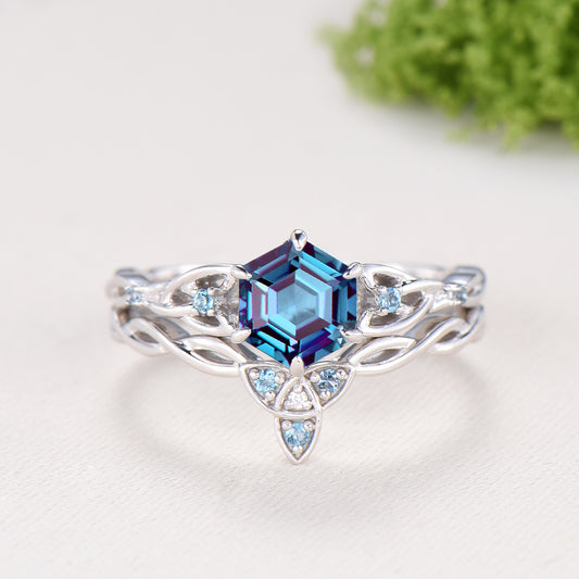 Norse Viking Hexagon Cut Alexandrite Engagement Ring Set Celtic Love Knot Swiss Topaz Band Unique Wedding Ring Set Promise Gifts Women