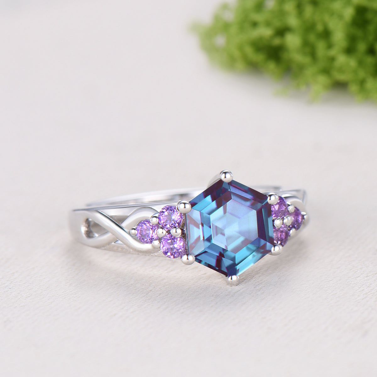 Vintage Alexandrite Engagement Ring Hexagon Cut Rose Gold Unique Cluster Amethyst Milgrain Diamond Wedding Ring Women Promise ring gift