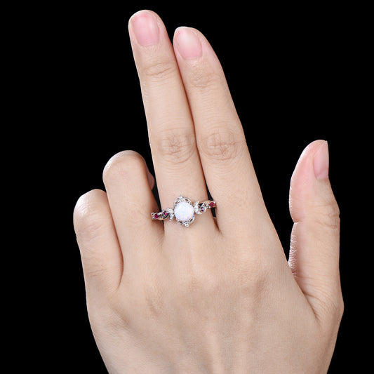 Vintage White Opal Ring | Gothic Celestial Crescent Moon & Ruby Accent Design