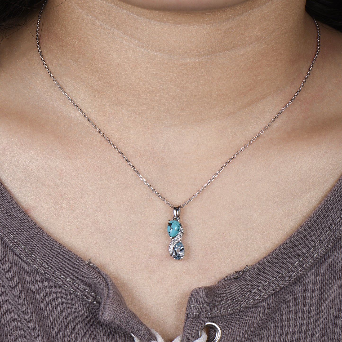 Aquamarine Turquoise Toi et Moi Necklace, Double Pear Cut, Handmade Gold Pendant - PENFINE