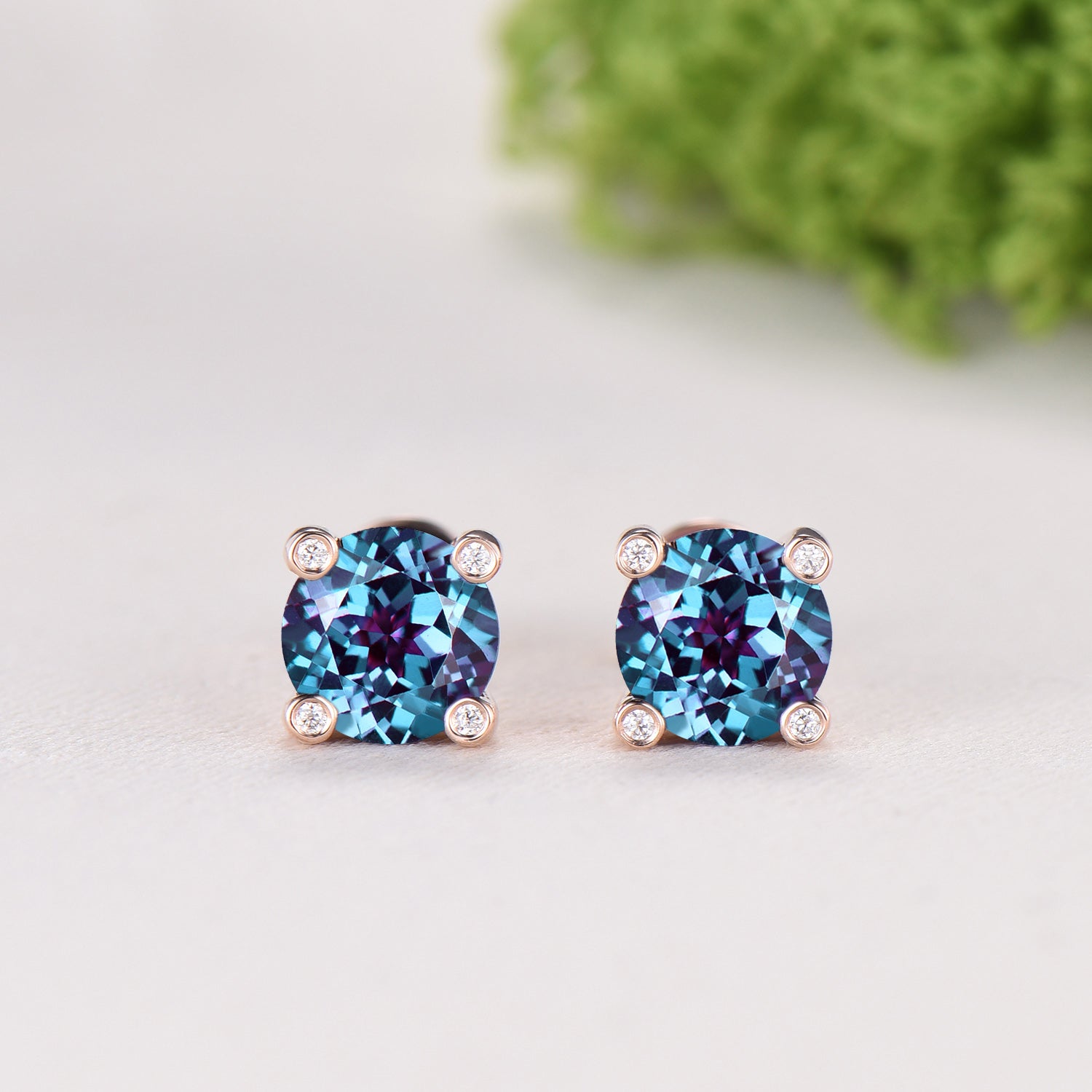 Minimalist Alexandrite Stud Earrings | Round Cut Color Change Stone, June Birthstone - PENFINE