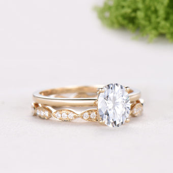 1.5CT Oval Moissanite Solitaire Engagement Ring Set Vintage 14K Gold Wedding Set Full Eternity Milgrain Band