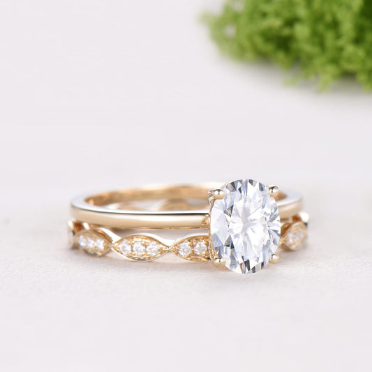 1.5CT Oval Moissanite Solitaire Engagement Ring Set Vintage 14K Gold Wedding Set Full Eternity Milgrain Band