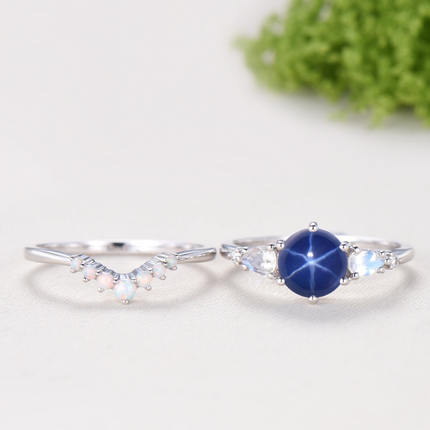 Vintage Star Sapphire Engagement Ring Set, Pear Moonstone & Opal
