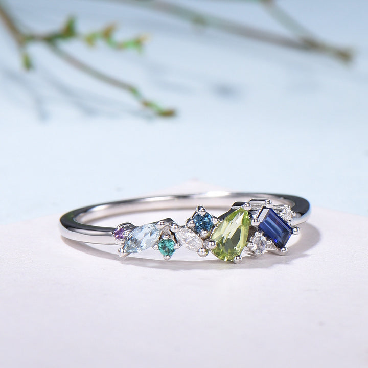 Multi-Gemstone Cluster Wedding Ring | Peridot, Amethyst, Topaz, Sapphire & Aquamarine - PENFINE