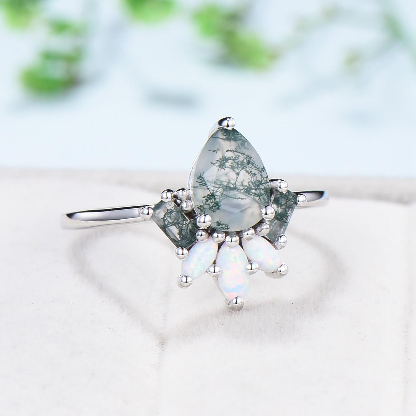Vintage Teardrop Moss Agate Engagement Ring Unique Silver Rose Gold Cluster Baguette Green Agate Marquise Opal Crystal Wedding Ring Women - PENFINE