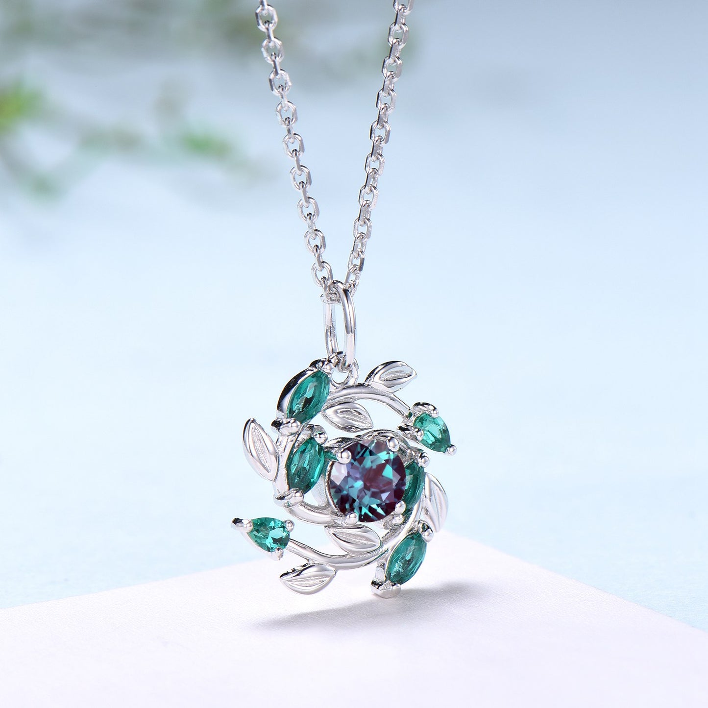 Unique Nature Inspired Alexandrite Necklace Vintage Marquise Pear Emerald Necklace Elegant Snowflake Pendant Anniversary gift for daughter - PENFINE