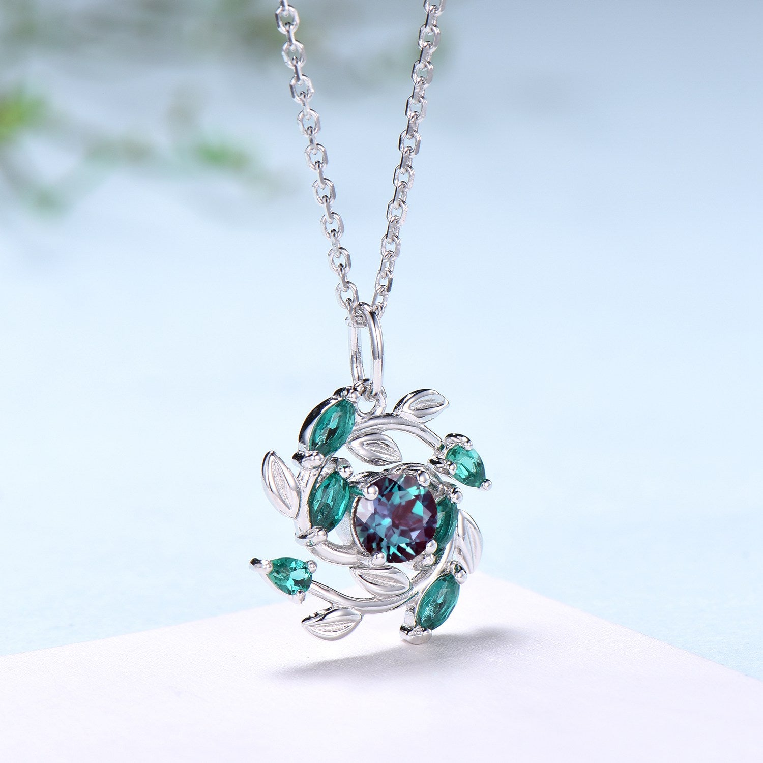 Unique Nature Inspired Alexandrite Necklace Vintage Marquise Pear Emerald Necklace Elegant Snowflake Pendant Anniversary gift for daughter - PENFINE
