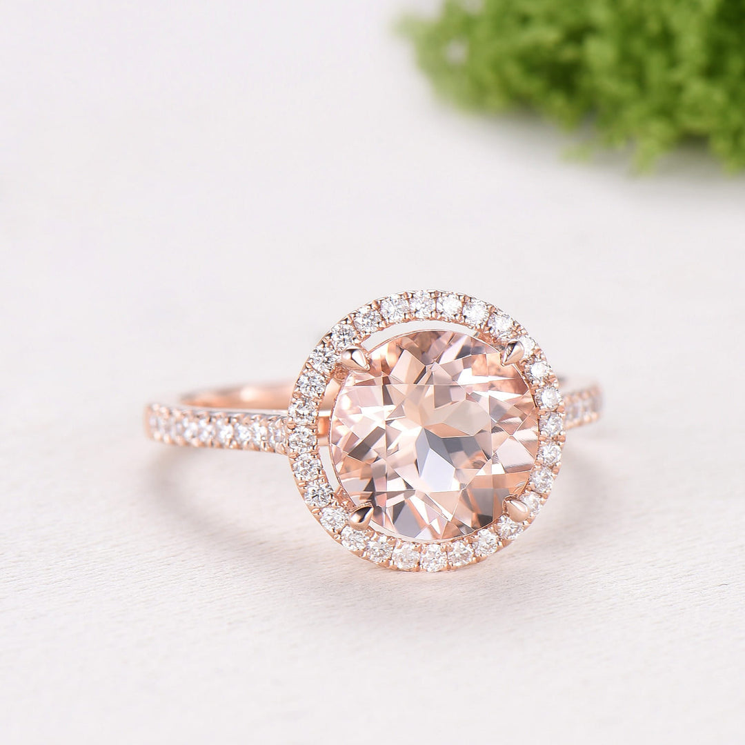 Retro Round Cut Morganite Engagement Ring Rose Gold, Hidden Diamond Halo Basket Setting