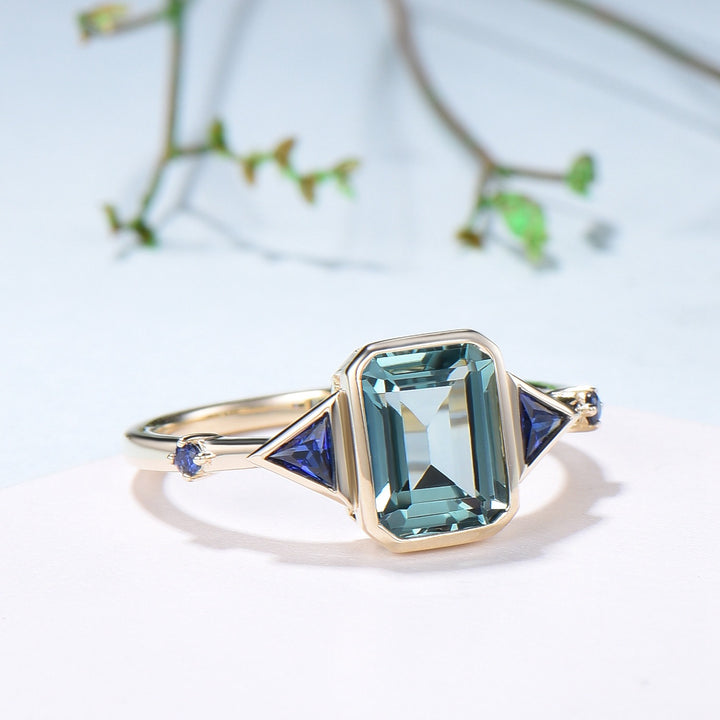 Unique Emerald Cut Green Sapphire Engagement Ring Bezel Set Trillion Blue Sapphire Five Stone Wedding Ring Anniversary Ring Gift for Women - PENFINE