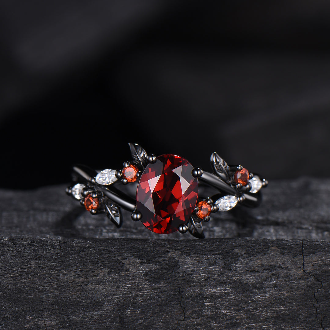 Unique Black Gold Garnet Wedding Ring Natural Inspired Gothic Oval Garnet Engagement Ring Leaves Cluster Moissanite Split Shank Wedding Ring