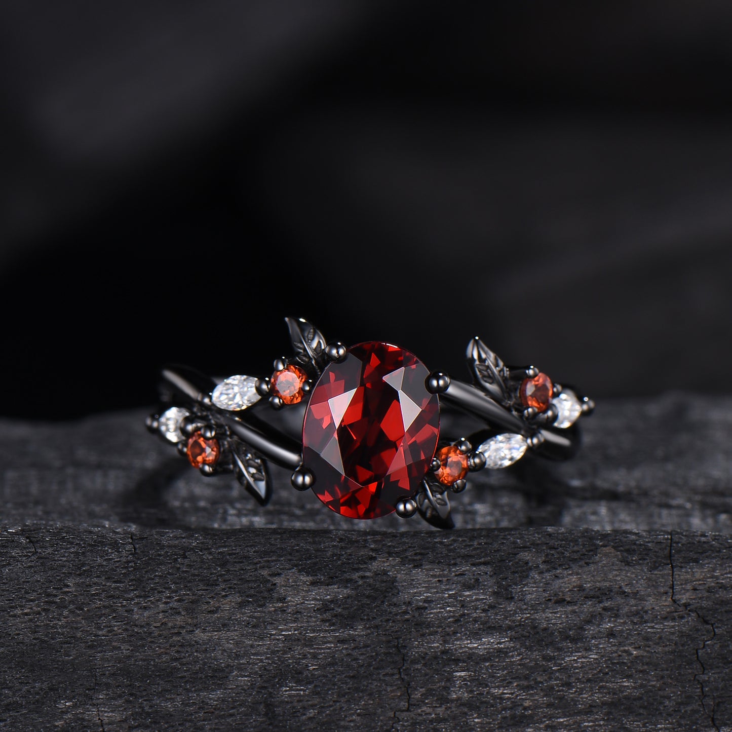 Unique Black Gold Garnet Wedding Ring Natural Inspired Gothic Oval Garnet Engagement Ring Leaves Cluster Moissanite Split Shank Wedding Ring