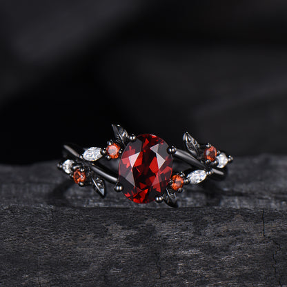 Unique Black Gold Garnet Wedding Ring Natural Inspired Gothic Oval Garnet Engagement Ring Leaves Cluster Moissanite Split Shank Wedding Ring