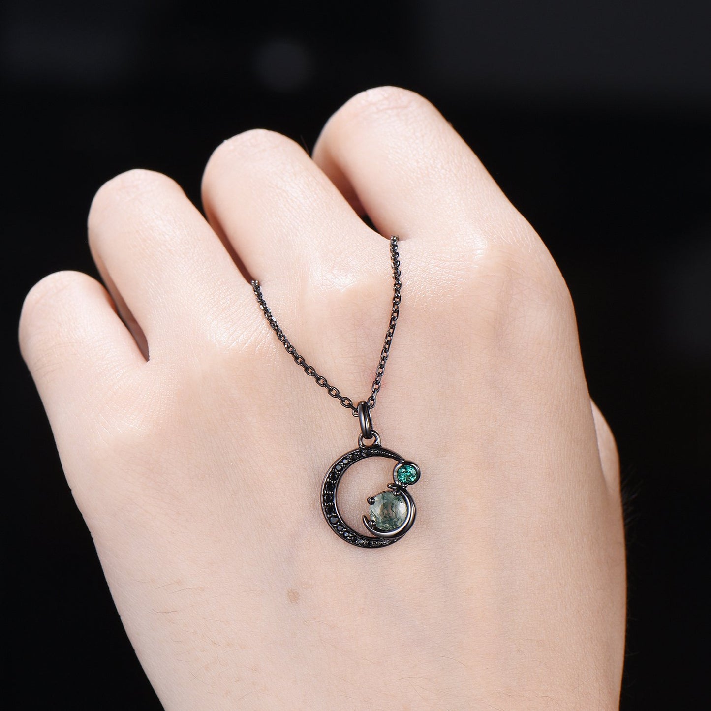 Unique Black Gold Green Moss Agate Necklace Magic Crescent Moon Dainty Agate Pendant Necklace Halloween Gothic Anniversary Gift for Daughter - PENFINE