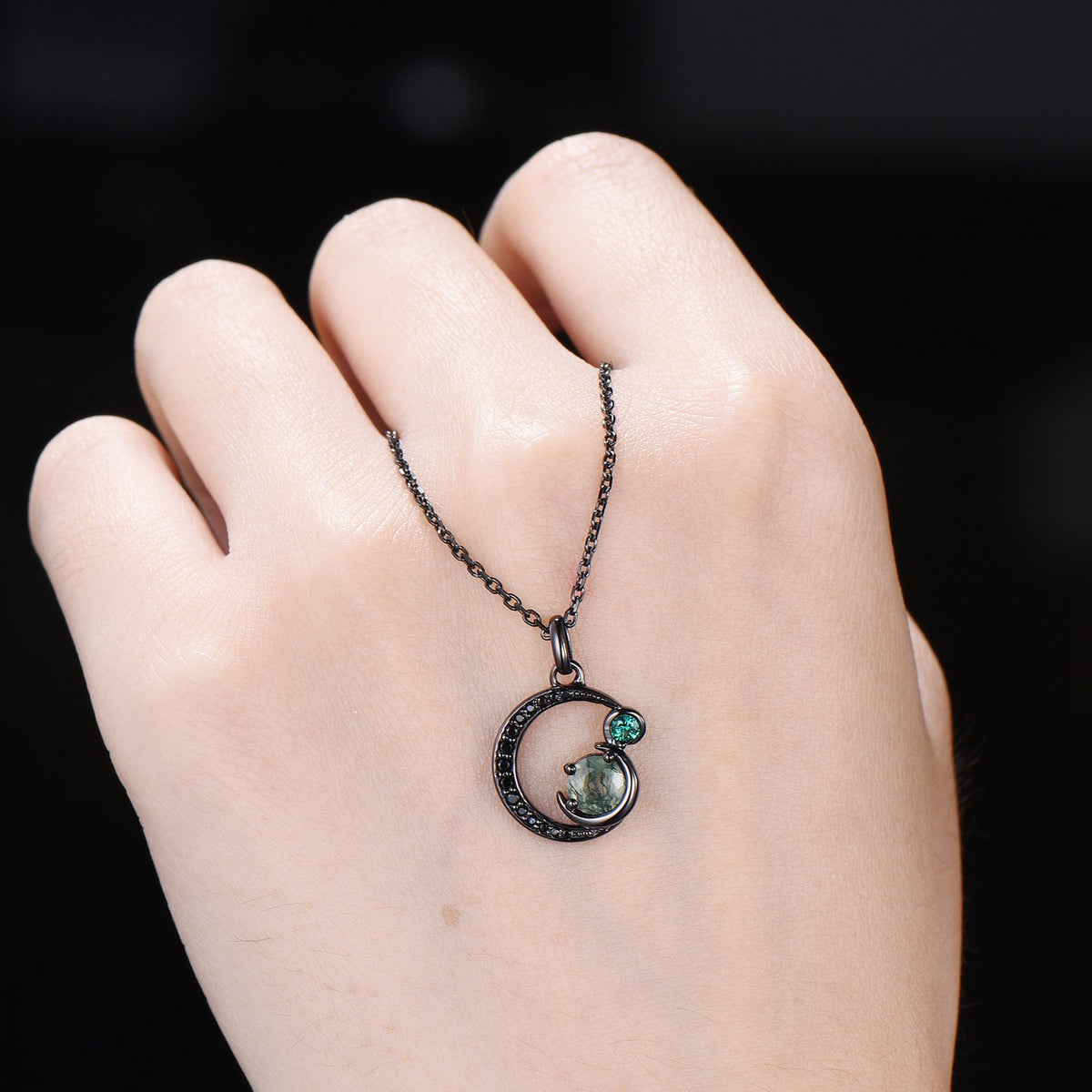 Unique Black Gold Green Moss Agate Necklace Magic Crescent Moon Dainty Agate Pendant Necklace Halloween Gothic Anniversary Gift for Daughter - PENFINE
