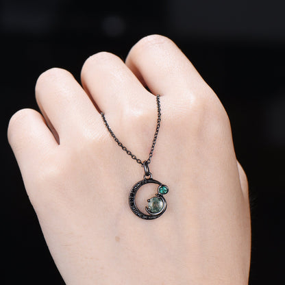 Unique Black Gold Green Moss Agate Necklace Magic Crescent Moon Dainty Agate Pendant Necklace Halloween Gothic Anniversary Gift for Daughter - PENFINE