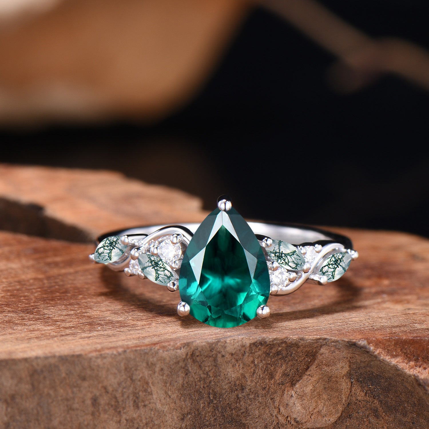 Pear Shaped Emerald Wedding Ring Set Rose Gold Cluster Enhancer Moss Agate Bridal Set