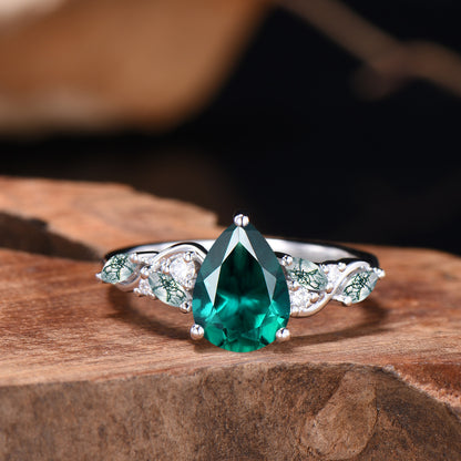 Pear Shaped Emerald Wedding Ring Set Rose Gold Cluster Enhancer Moss Agate Bridal Set