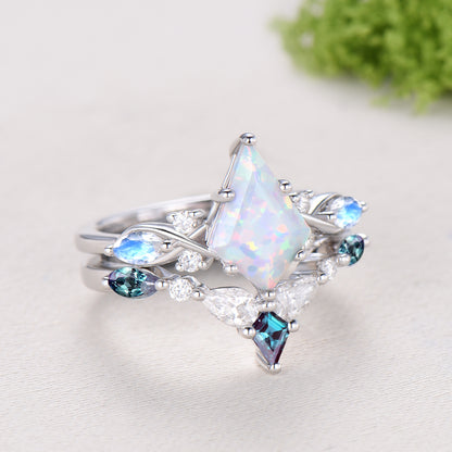 Vintage opal ring set 7x10mm kite white opal engagement ring marquise Moonstone wedding ring set unique alexandrite moissanite bridal set