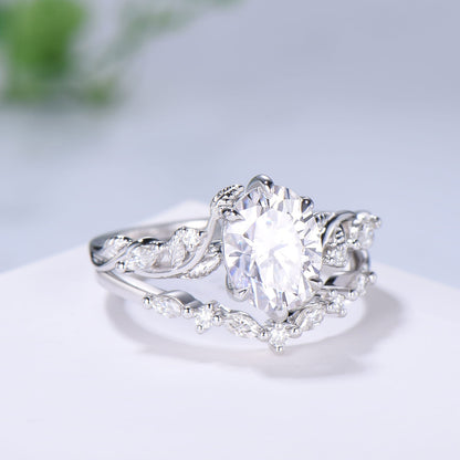 Retro 2Ct 7x9mm Oval Moissanite engagement ring set nature inspired rose gold Leaf Vine wedding ring set Handmade Proposal Gifts for Women