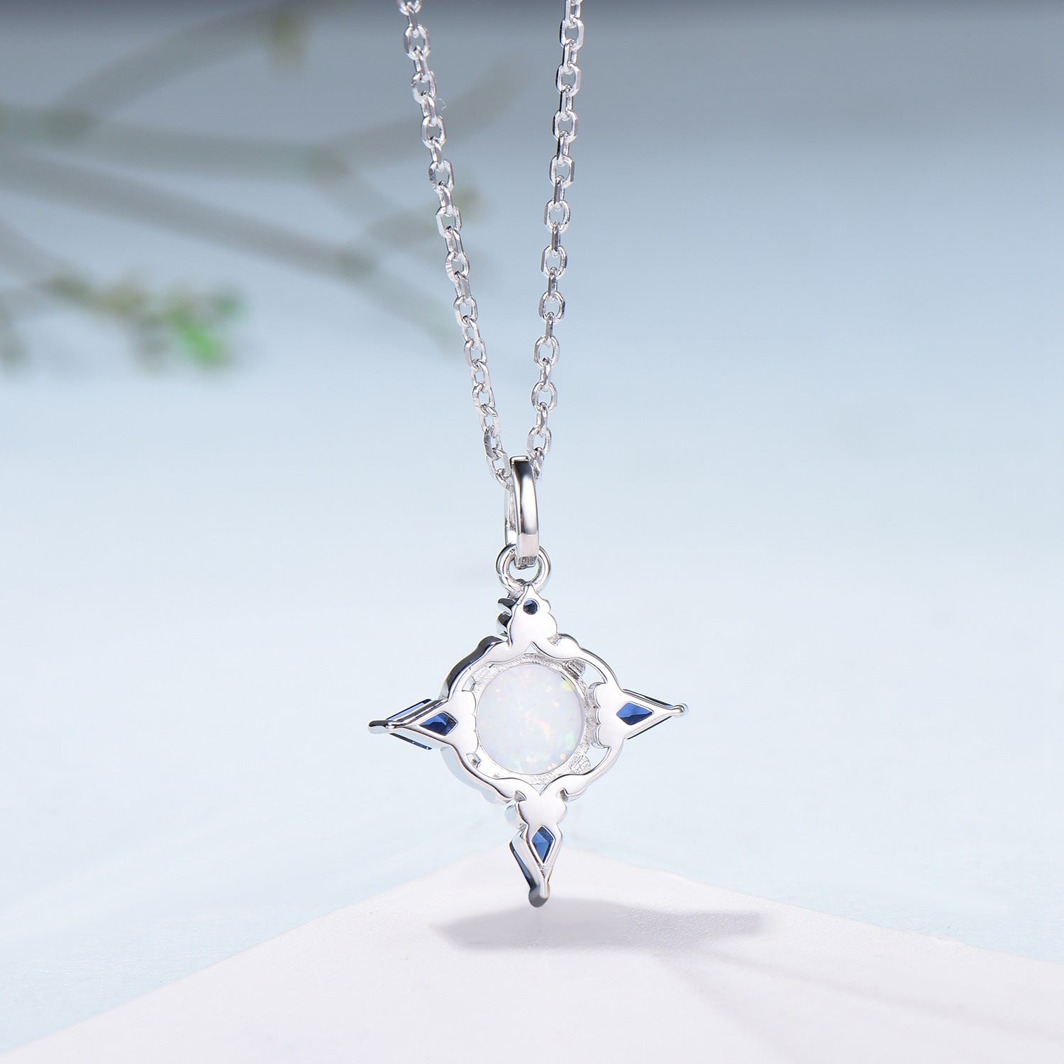 Celtic Knot Opal Pendant Necklace, 14K Rose Gold, Sapphire Accents - PENFINE