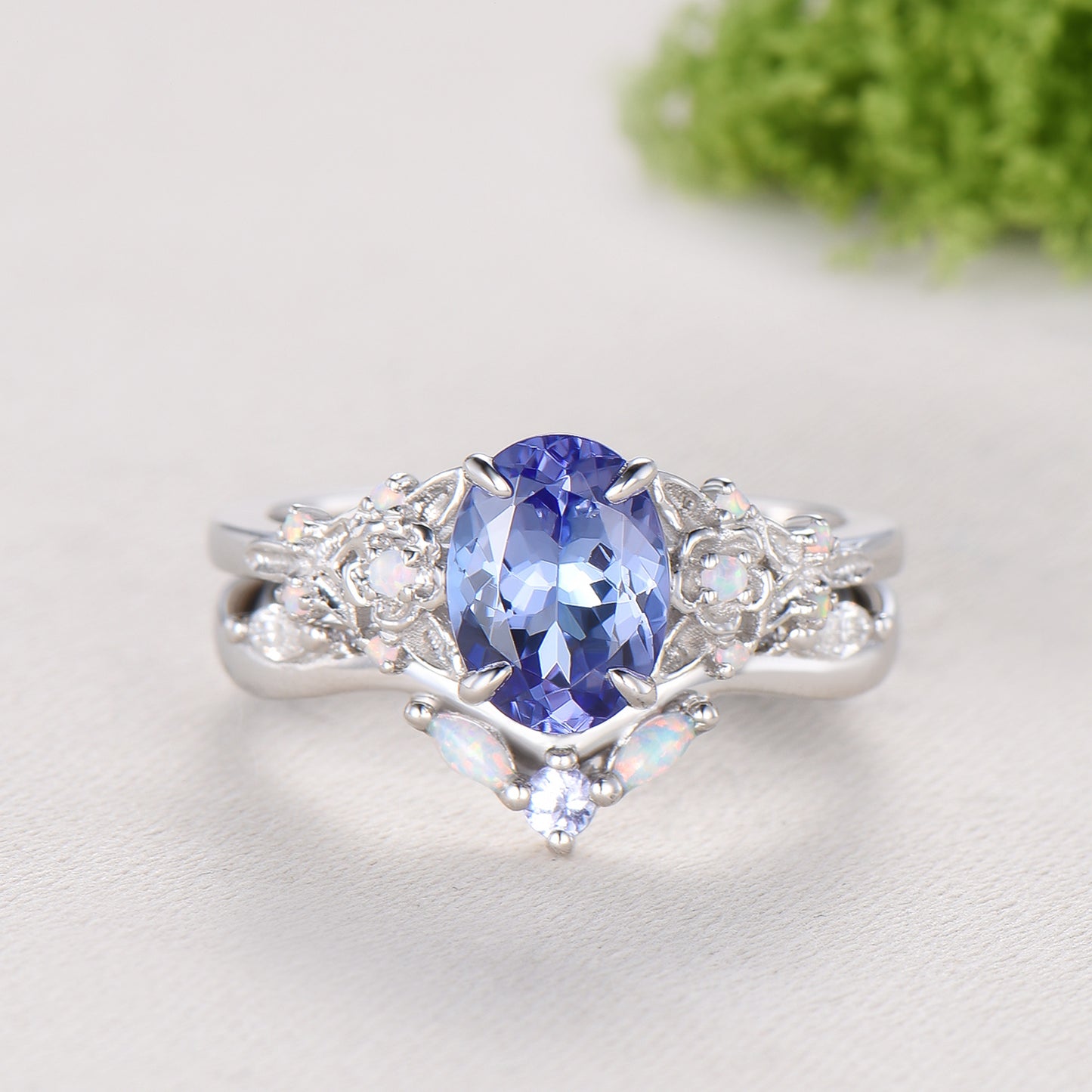 Floral Oval Tanzanite Engagement Ring Set, White Gold Twig Vine Opal Band, Nature Inspired Wedding Bridal Set