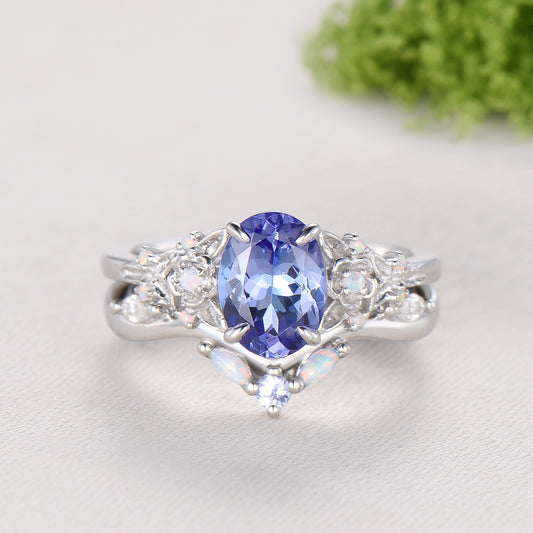 Floral Oval Tanzanite Engagement Ring Set, White Gold Twig Vine Opal Band, Nature Inspired Wedding Bridal Set