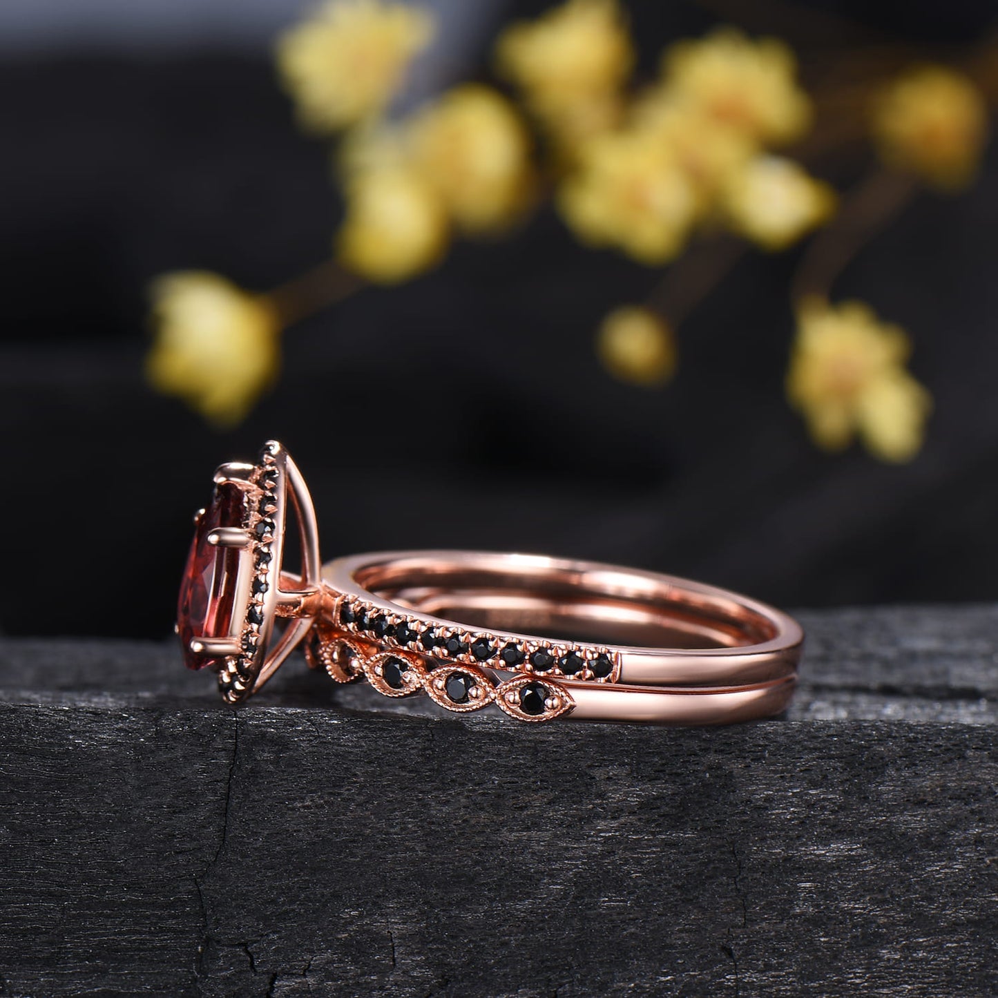 Vintage Garnet Engagement Ring Set Rose Gold 5x8 mm Pear Shaped January Birthstone Wedding Ring Art Deco Black Spinel Band Bridal Set