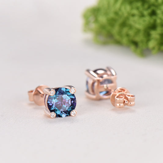 Minimalist Alexandrite Stud Earrings | Round Cut Color Change Stone, June Birthstone - PENFINE