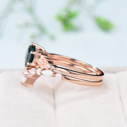 Retro Emerald Engagement Ring Set Vintage Green Crystal Leaf Floral Fire Opal Wedding Ring Art Deco Leaves Flower Bridal Set For Women - PENFINE
