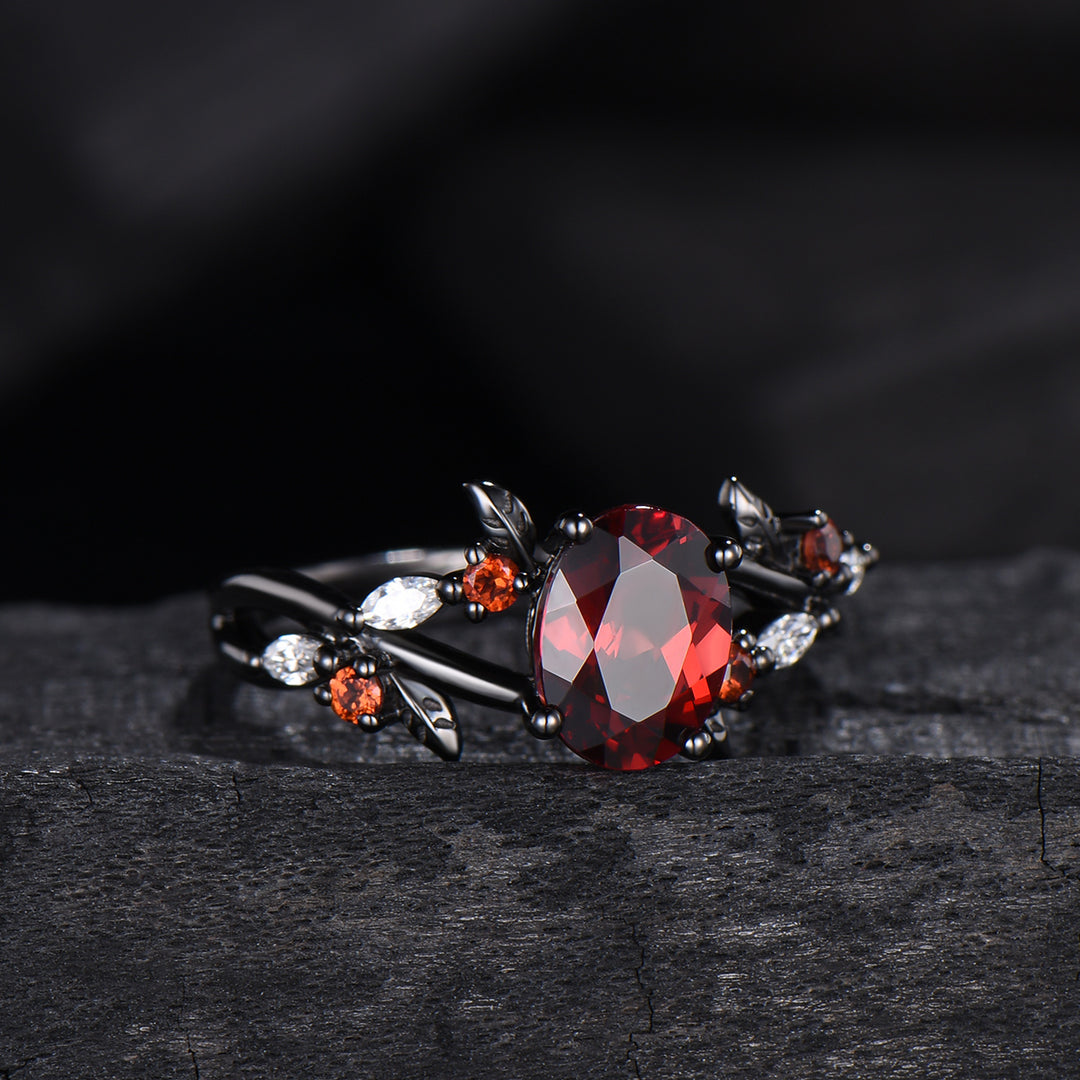 Unique Black Gold Garnet Wedding Ring Natural Inspired Gothic Oval Garnet Engagement Ring Leaves Cluster Moissanite Split Shank Wedding Ring