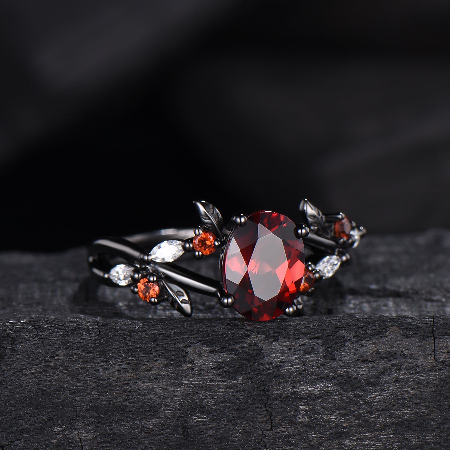Unique Black Gold Garnet Wedding Ring Natural Inspired Gothic Oval Garnet Engagement Ring Leaves Cluster Moissanite Split Shank Wedding Ring