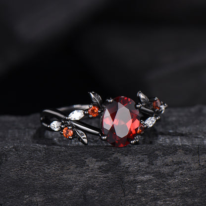 Unique Black Gold Garnet Wedding Ring Natural Inspired Gothic Oval Garnet Engagement Ring Leaves Cluster Moissanite Split Shank Wedding Ring