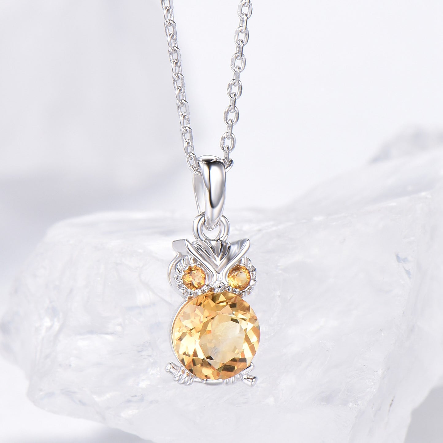 Unique Cute Owl Natural Citrine Wedding Necklace Sterling Silver Yellow Gold Mother's Pendant Animal Inspired Anniversary Gift for Daughter - PENFINE