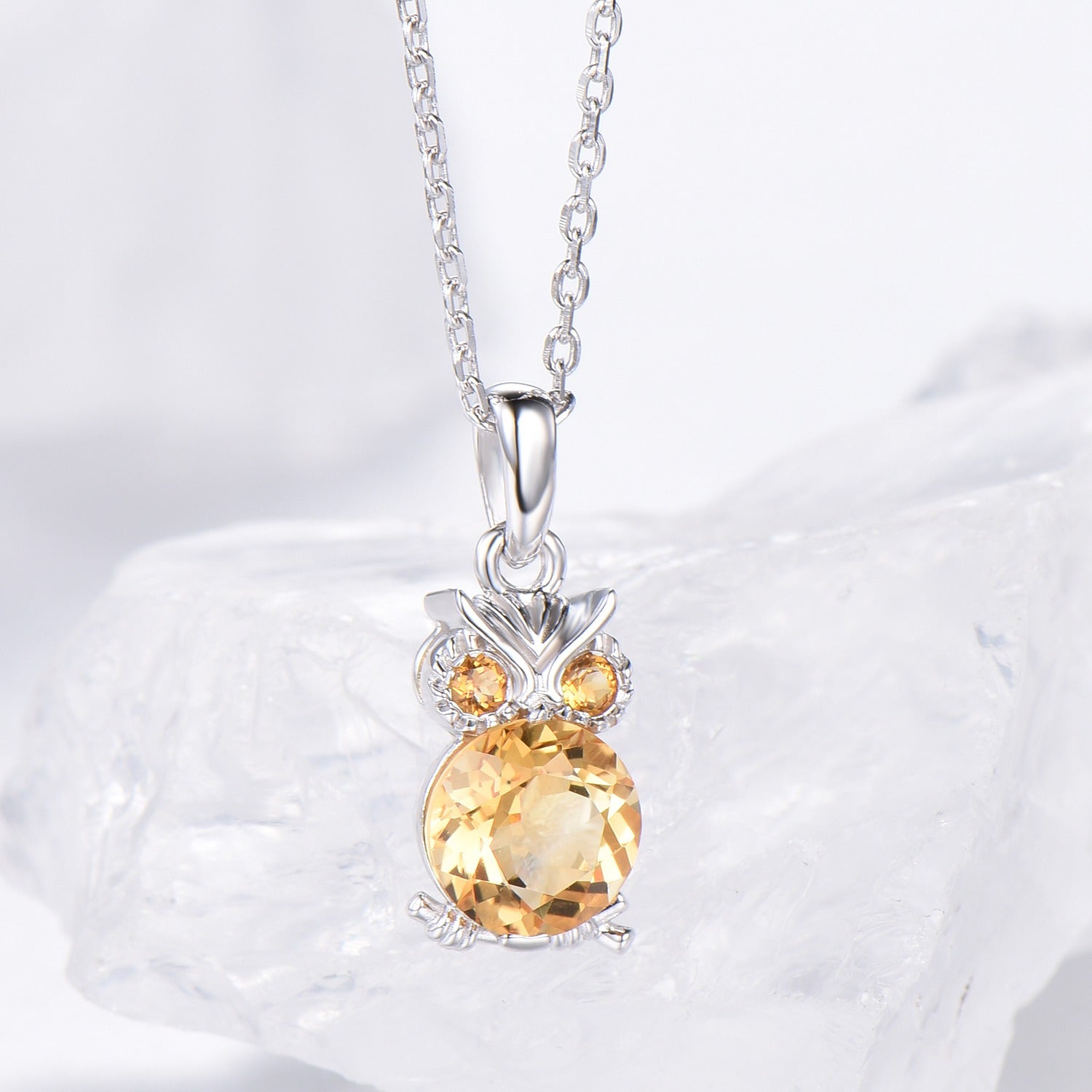 Unique Cute Owl Natural Citrine Wedding Necklace Sterling Silver Yellow Gold Mother's Pendant Animal Inspired Anniversary Gift for Daughter - PENFINE