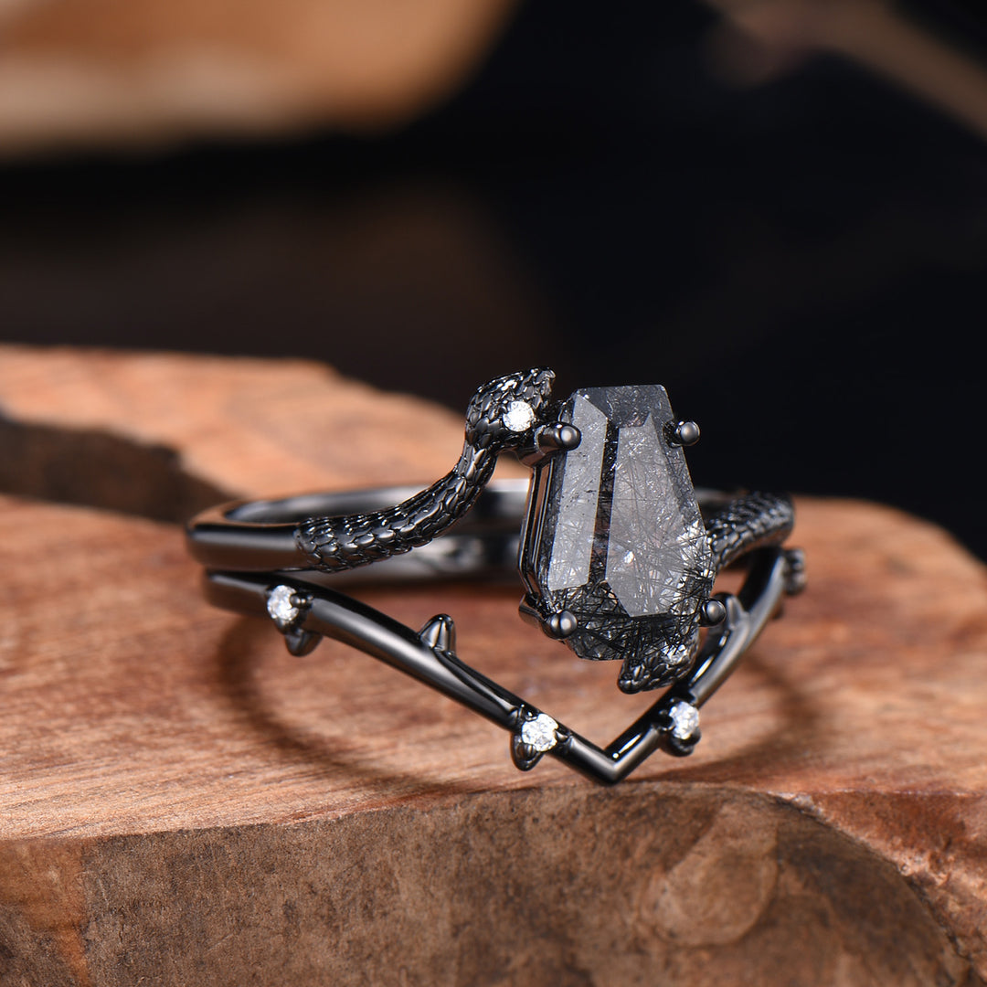 Black Rutilated Quartz Engagement Ring Set - Coffin Gemstone, Black Gold - PENFINE