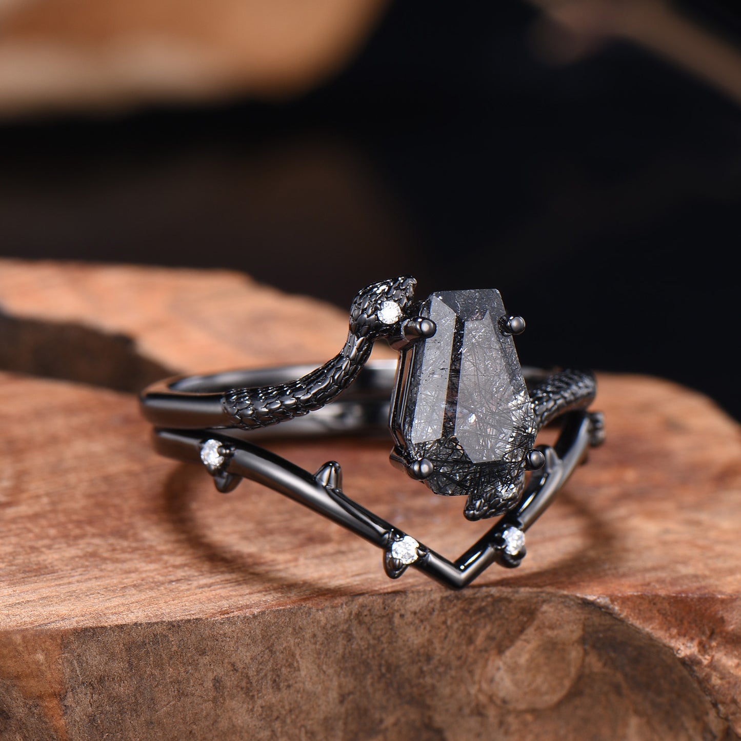 Black Rutilated Quartz Engagement Ring Set - Coffin Gemstone, Black Gold - PENFINE