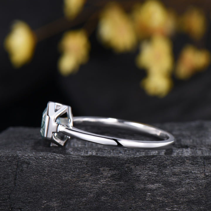 Hexagon Moss Agate Ring, 14k White Gold Solitaire, Vintage Style